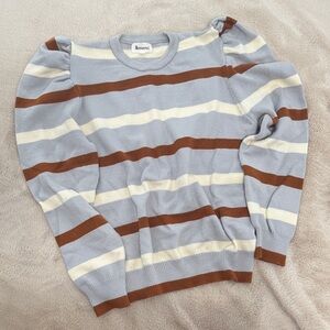 Women's Crewneck Sweater by Emmevi - Light Blue, Brown, and Cream Stripes